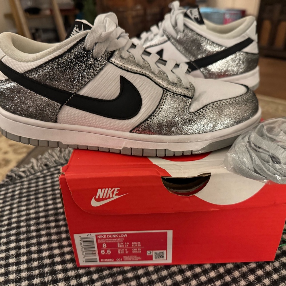 Women’s Nike Dunk Low Metallic Silver and Black Shoes